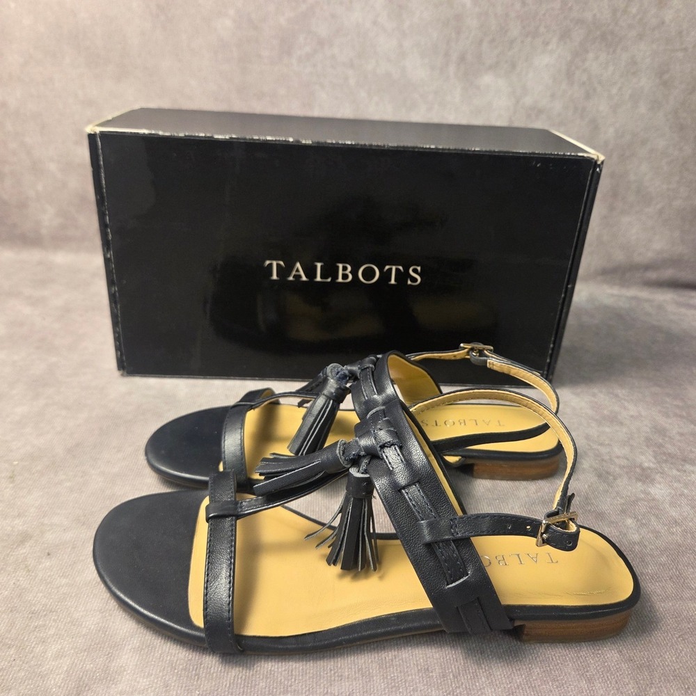 Talbots Lamar Tassel Flat Sandals Womens 5.5M Indigo BluLeather T-Strap 62041140